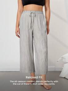 LUVLETTE Große Größen Sommer Natürlich Gemütlich Graue Weite Hose - Strukturierter Stoff & Kordelzug Taille Frische Leichte Lounge Hose Lässige Weite Beine - Grau - Übersicht 6