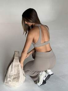 Aloruh Solid Color Backless Halter Neck Ultra Short Sports Tank Top - Grey - View 3