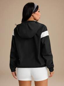 SHEIN Unity 女款拼色連帽拉鍊休閒百搭日常旅行運動外套 - 黑色 - 查看 2