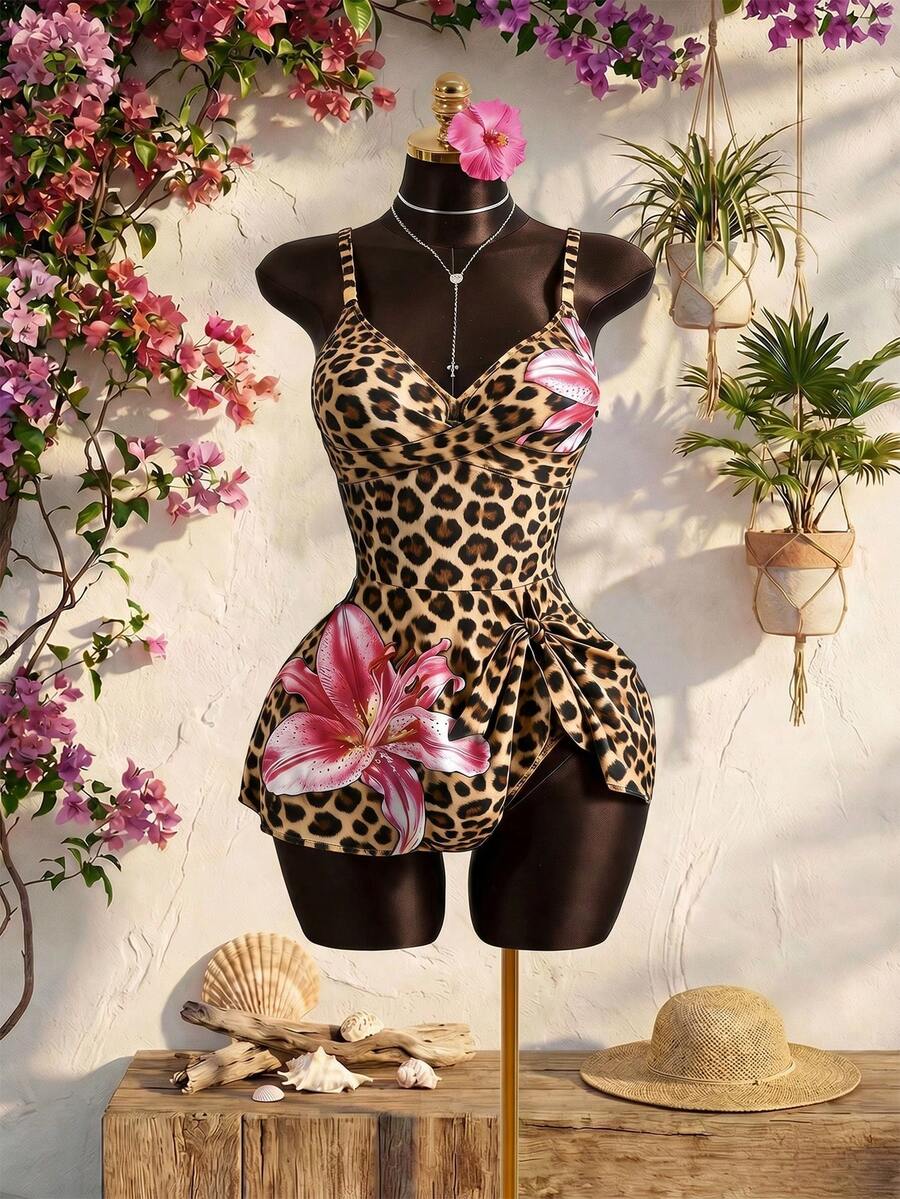 Swim Lushoire 2026 New Spring/Summer Plus Size Women's Summer Beach Leopard Print Camisole Swim Dress - Multicolor - View 1