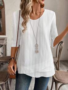 EMERY ROSE 1 pieza Camisa casual de mujer con textura de unicolor y bajo asimétrico, para otoño - Blanco - Ver 1