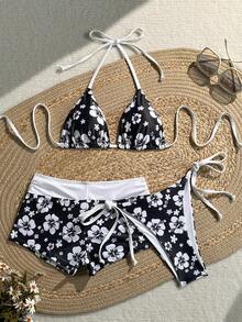Swim Mod Bộ bikini nữ 3 món 26SS Xuân/Hè mới, họa tiết in hai màu, cổ chữ V, hở lưng, áo tam giác buộc dây và quần hipster, phong cách ngọt ngào cho kỳ nghỉ bãi biển - Đen và trắng - Xem 4