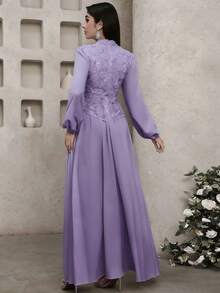 Feyla 女款網紗亮片刺繡 2合1不對稱下擺百褶長袖洋裝 - 紫色 - 查看 3