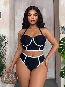 Maweii Plus Size Women's Black & White Color Block Steel Hoop Casual Swimwear Set For Summer Beach Vacation - Black and White - View 5