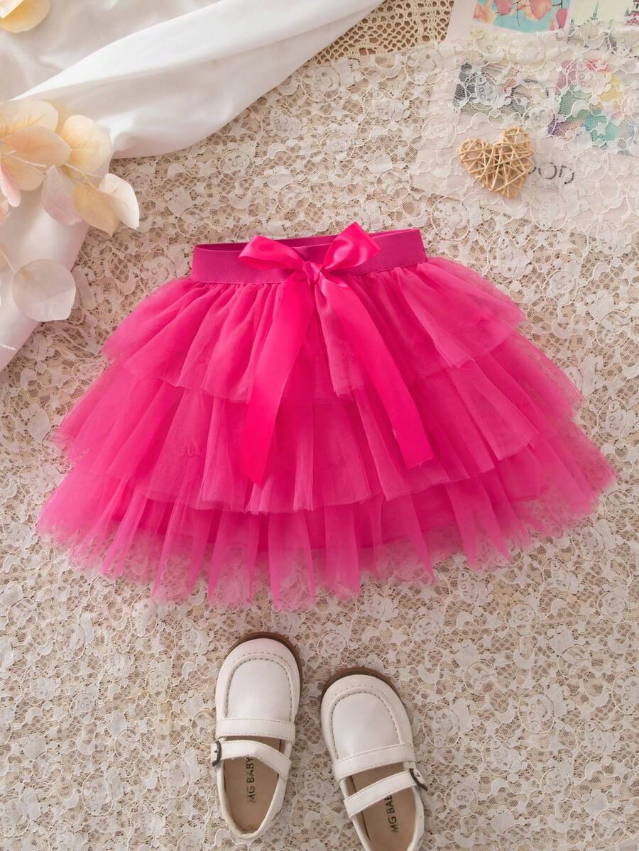 SHEIN Young Girl Mesh Overlay Layer Hem Belted Skirt - Hot Pink - View 1