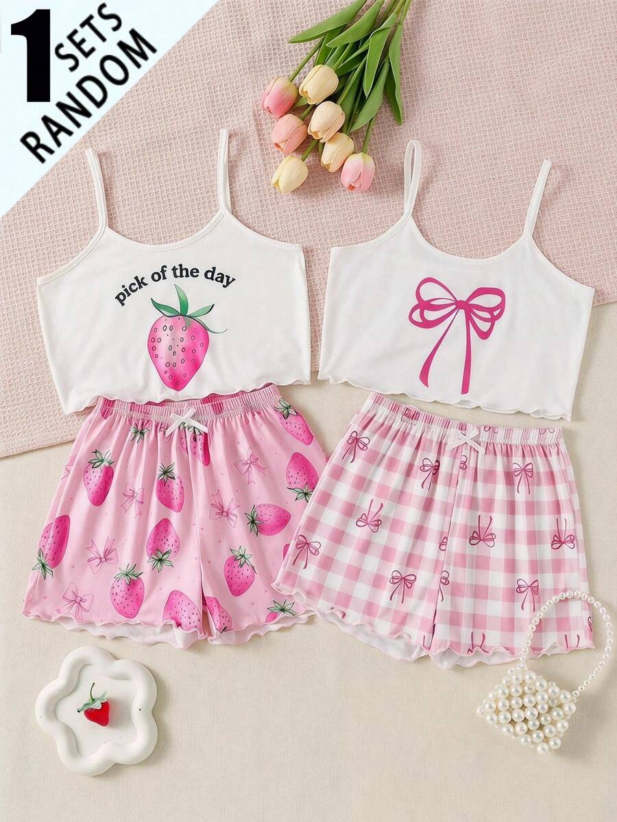 SHEIN Girls Happy Pattern Short Sleeve Shorts Camisole Pajama Set, Suitable For Autumn, Winter, All Seasons - White - View 1
