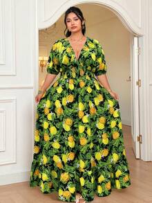 SHEIN Clasi Damen Sommerkleid in Große Größen mit V-Ausschnitt, tailliert, Fruchtmuster, lässig für den Urlaub - Schwarz - Übersicht 7