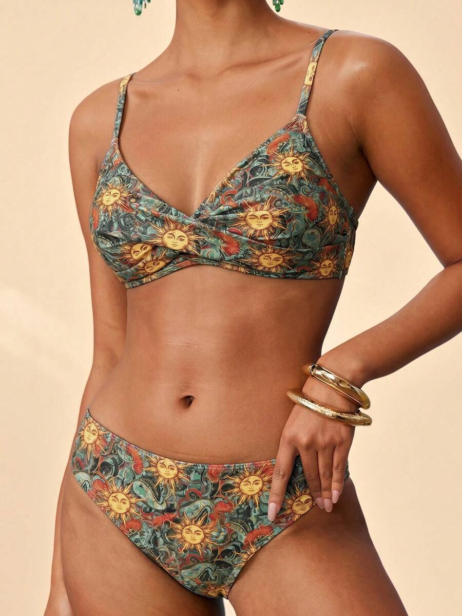 Travachic Women's Summer Beach Sun Face Print Sexy Fashion Bikini Two-Piece Swimsuit Set - Multicolor - View 1