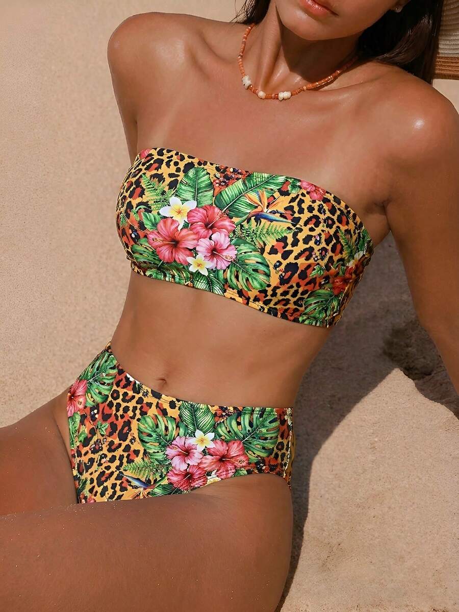 Swim Vcay 2pcs Women's Leopard Print Random Pattern Strapless Bikini Swimsuit Set, Suitable For Summer Beach Vacation Wear - Multicolor - View 1