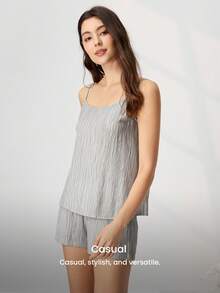 LUVLETTE Natural Comfy Ventilated Home WearWomen's Soft Breathable Textured Sleep Set Relaxed Camisole & Shorts Pajama Set - Grey - View 9