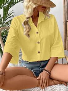 Breezaya Women's Solid Color 3/4 Sleeve Single-Breasted Casual Loose Shirt - Yellow - View 5
