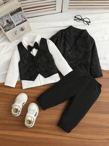 4 Stücke elegantes Gentleman-Anzugset für Babys: Beinhaltet gestricktes weißes Langarmhemd mit Fliege, V-Ausschnitt einreihige Weste, schwarzer Jacquard-Revers-Doppelreiher Langarmblazer und elastische Hose, geeignet für Geburtstagsfeier, Abendessen, Hochzeit, Taufe, erste Geburtstagsfeier, Klavier-, Violinenaufführung - Schwarz - Übersicht 3