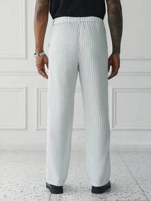 Manfinity Homme 男士休闲宽松直筒白色条纹轻薄长裤，适合春夏穿着 - 白色 - 查看 3