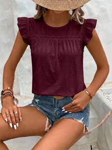 SHEIN Frenchy 100% Cotton Cap Sleeve Flutter Sleeve Women's T-Shirt Burgundy Color Suitable For Summer - Burgundy - View 7
