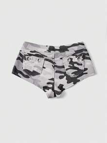 ROMWE J-Fashion Y2K辣妹復古超低腰超短迷彩鏤空裝飾女款牛仔短褲 - 灰色 - 查看 2