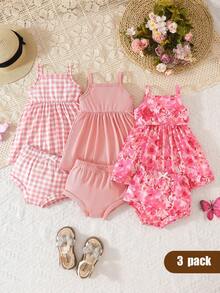 SHEIN Playful Pals 6 piezas/3 conjuntos de pantalones con tirantes suaves, amigables con la piel, lindos y de moda para bebé niña - Rosa - Ver 3