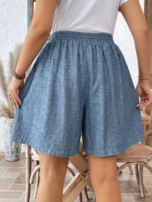 Comfylo Casual Vacation Blue Plus Size Women's Ruffle Waist Bow Tie Shorts Suitable For Summer, Blue Pants - Multicolor - View 2