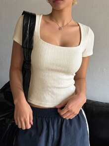 DAZY 女款方領短袖修身T恤 - 白色 - 查看 5