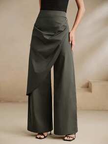 Anewsta Modern Fashion Layered Design Mid-Waist Loose Wide Leg Pants Dark Gray Women's Long Pants - Dark Grey - View 4