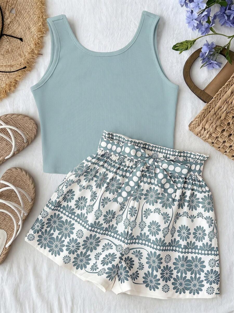 SHEIN Tween Girls Tank Top Co-Ords Print Tank Top And Paper Bag Shorts 2 Pieces Set - Mint Green - View 1