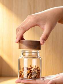 1pc Glass Storage Jar, Airtight Food Container With Wooden Lid, Transparent Glass Canister Suitable For Pantry, Kitchen To Store Flour, Sugar, Tea, Coffee, Snacks, Spices, Etc. - Multicolor - View 5