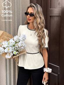 SHEIN PariChic Women's Spring/Summer Cream White Backless Bow Blouse, Contrast Color Wavy Edge Cropped Top Shirt - Apricot - View 3