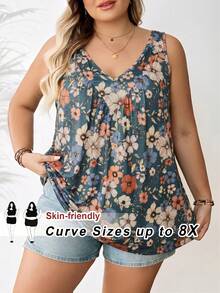 SHEIN CURVE+ 大尺碼女款度假花卉印花V領休閒寬鬆背心上衣 - 彩色 - 查看 1