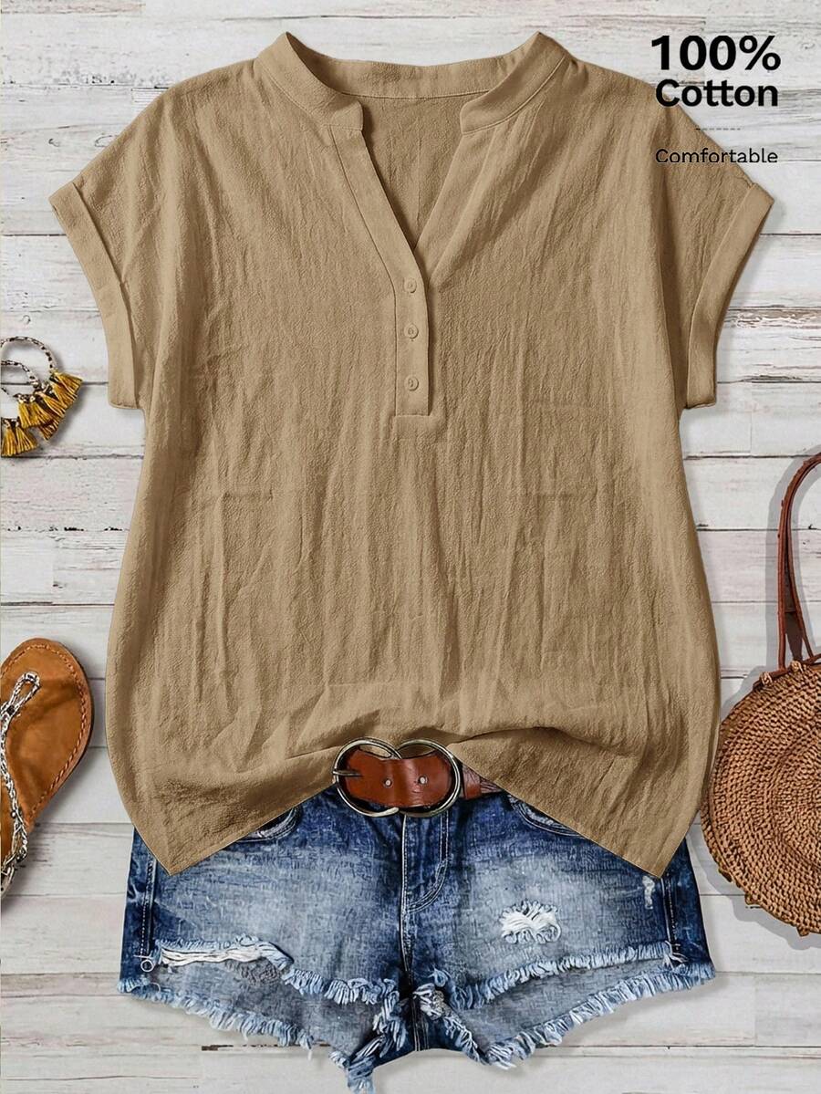 EMERY ROSE Casual Minimalist Camel Color Women's Shirt Suitable For Summer - Camel - View 1