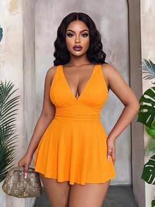 Maweii Summer Beach Plus Size Solid Color Textured Tankini Swimwear Vacation - Orange - View 4