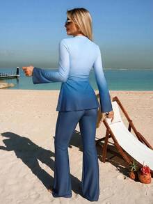 Swim Shayni 26SS 夏季度假海灘女款保守粉紫色漸層長袖喇叭褲布基尼套裝 - 彩色 - 查看 2