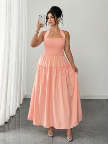 SHEIN Clasi Plus Size Women's Square Neck Pleated Top With Crisscross Back, Open Back, Off-Shoulder, Bow, Ruffle Hem, A-Line Maxi Dress, Elegant Peach Formal Party Bridesmaid Dress, Wedding Guest Dress, Plus Size Friendly, Ruffle Hem, Vacation, Casual, Design-Driven Plus Size Evening Gown, European And American Style, Beach, Women's Elegant Dress, Women's Summer Dress - Coral Pink - View 3