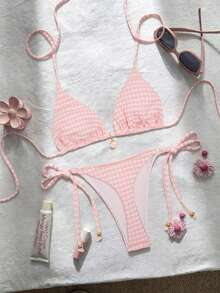 Swim Mod Women's Summer Jacquard Fabric Halter Neck Metal Decor Sexy Bikini Set - Pink - View 2