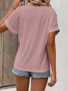 EMERY ROSE Women's Solid Color Button Design V-Neck Short Sleeve Casual T-Shirt - Rusty Rose - View 2