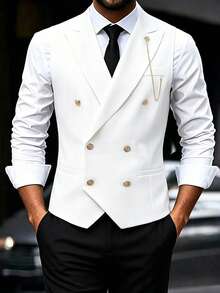 Manfinity Bizformal Men's White Woven Twill Business Fashion Suit Vest, Formal - White - View 4