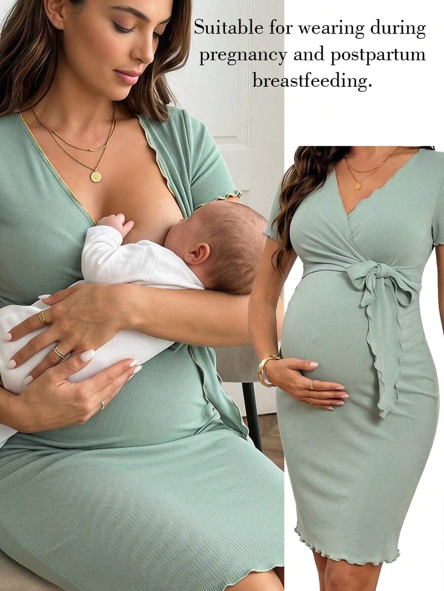 SHEIN 孕婦哺乳夏季優雅素色疊領繫帶短袖洋裝 - 綠色 - 查看 1