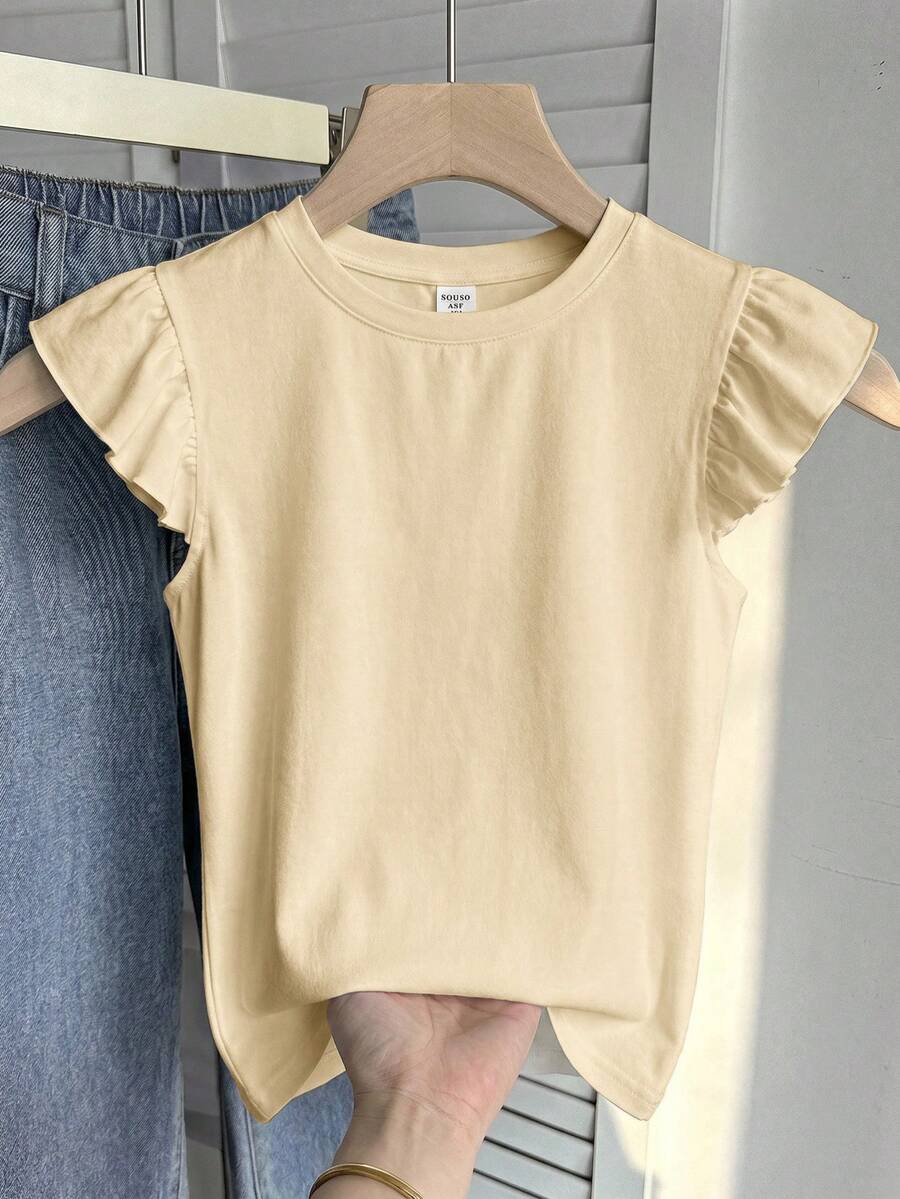 SHEIN 青少年女孩夏季 95% 棉杏色圓領短袖寬鬆 T 恤,配有荷葉邊袖口和花卉圖案設計,可愛短袖上衣,適合外出、返校、春夏、復古、懷舊、柔軟、簡約、海灘度假、假期、春假氛圍 - 杏色 - 查看 1