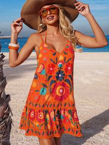 Breezaya Gaun Camisole Wanita untuk Liburan Musim Semi/Panas dengan Motif Bunga dan Hem Berkerut - Jeruk - View 6