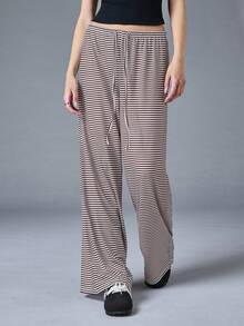 SHEIN BASICS Casual Knit Striped Low-Waist Loose Wide-Leg Floor-Length Women's Long Pants Loungewear Black And White Striped Autumn - Brown - View 4