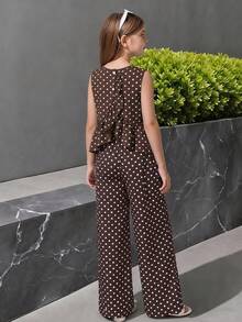 SHEIN Sparklyn 青少年女孩 2件/套 度假休閒通勤日常圓領荷葉邊波點印花無袖上衣與寬鬆長褲套裝，夏季 - 彩色 - 查看 2
