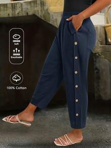 Linhara CURVE Plus Size Casual Fashion Linen Style Side Seam Coconut Button Decor Long Pants Fall - Navy Blue - View 1