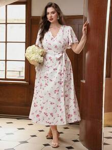SHEIN Clasi Summer V-Neck Floral Wrap Dress With Pink Roses On White Background, Plus Size - Multicolor - View 6