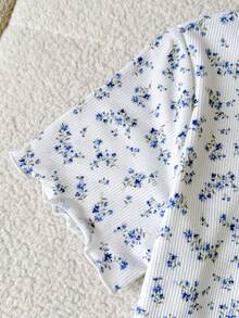 SHEIN 青少年女孩碎花圓領T恤短褲居家服，休閒款 - 藍白色 - 查看 7