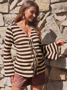 Boho Mama Maternity Striped Long Sleeve Front Tie Casual T-Shirt Going Out Autumn BOHO Fall - Khaki - View 4