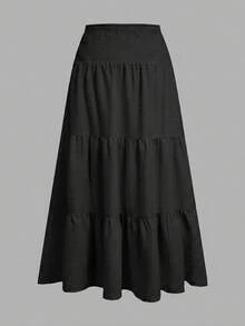 SHEIN MOD Rok Kasual Wanita Warna Polos dengan Lipatan di Pinggang untuk Liburan - Hitam - View 2