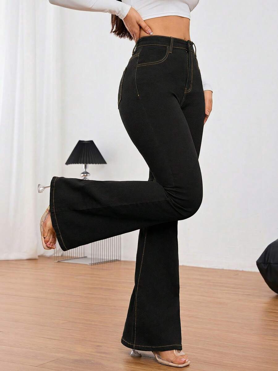 SHEIN Tall 女士高腰修身喇叭牛仔裤 - 黑色 - 查看 1