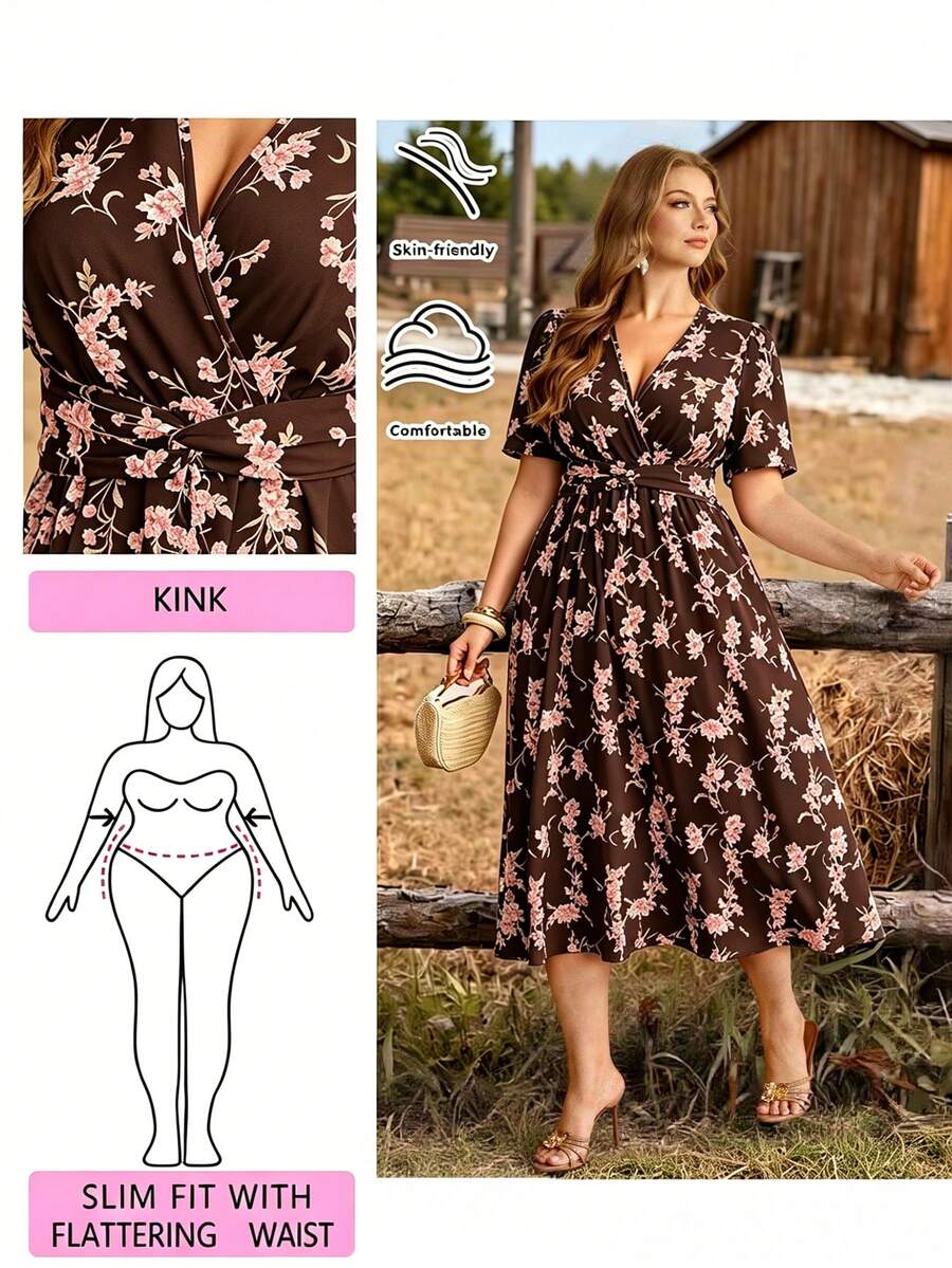 Ceyna Plus Size Women's Floral Print Short Sleeve Elegant Boho Vacation Dress Vacation Brown Summer - Coffee Brown - View 1