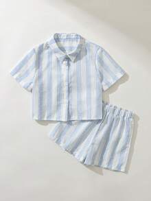 Maija Kids Maija Kids 2件裝少女休閒優雅都市學院風可愛藍白條紋黃色圓點提花露背蝴蝶結裝飾淺藍領短袖上衣與短褲套裝，適合休閒日常穿著、旅行、派對、假期、春夏季 - 藍色 - 查看 3