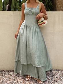 Livesso Women's Solid Color Pleated Casual Boho Party Vacation Midi Dress Sundress Sage Green Summer - Gray Blue - View 1