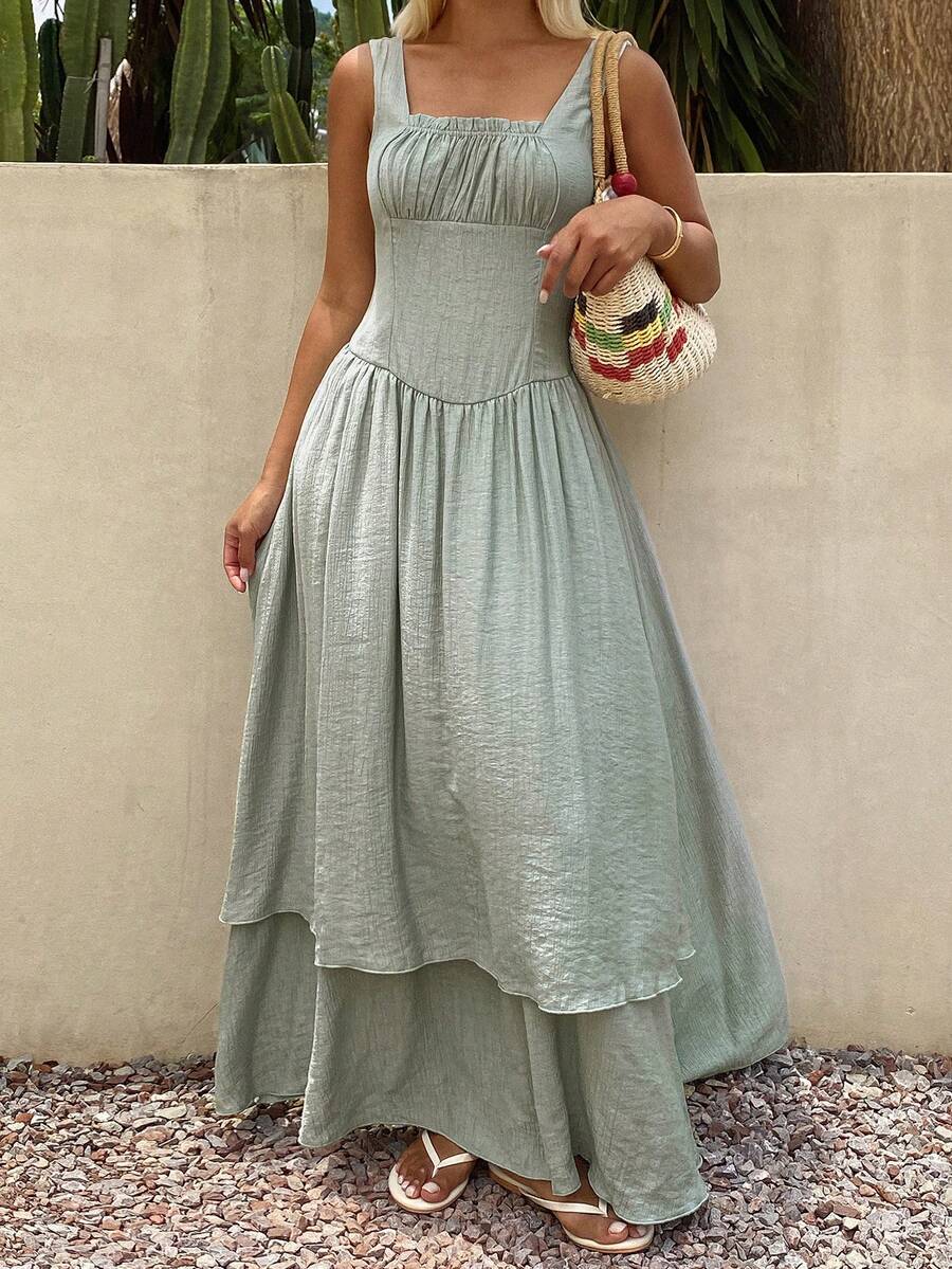 Livesso Women's Solid Color Pleated Casual Boho Party Vacation Midi Dress Sundress Sage Green Summer - Gray Blue - View 1