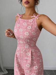 SHEIN Elenzya 女款肩部蝴蝶結與雛菊提花面料收腰寬腿長褲優雅日常通勤連身褲 - 粉色 - 查看 4